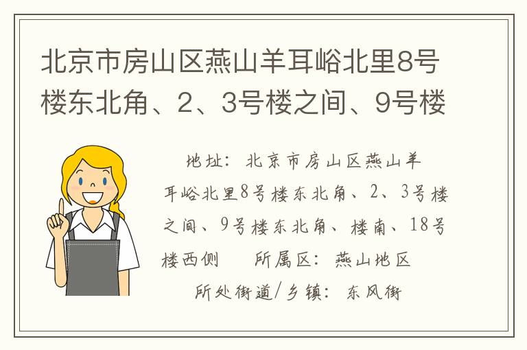 北京市房山區(qū)燕山羊耳峪北里8號(hào)樓東北角、2、3號(hào)樓之間、9號(hào)樓東北角、樓南、18號(hào)樓西側(cè)