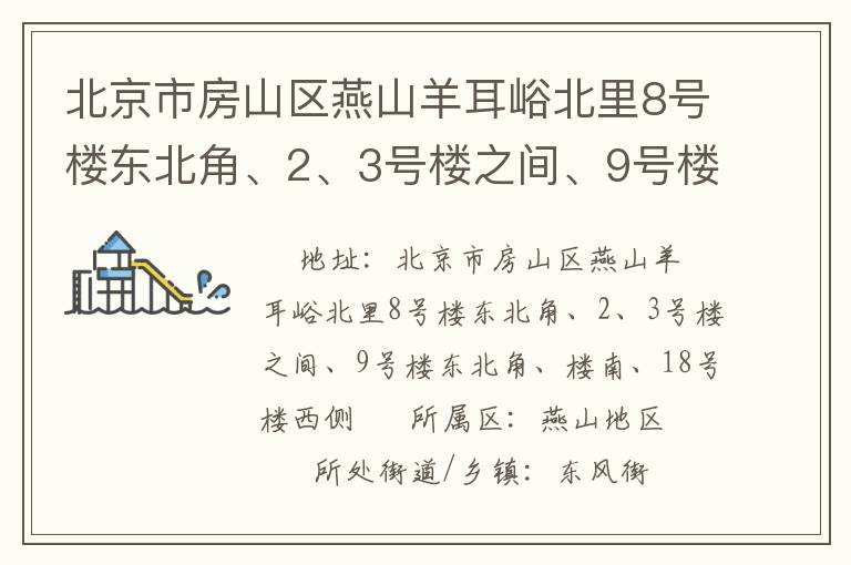 北京市房山區(qū)燕山羊耳峪北里8號樓東北角、2、3號樓之間、9號樓東北角、樓南、18號樓西側(cè)