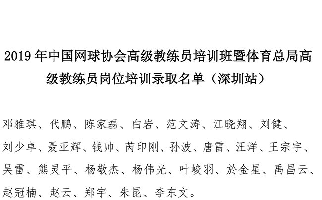2019年中國網(wǎng)球協(xié)會高級教練員培訓(xùn)班暨體育總局高級教練員崗位培訓(xùn)錄取名單（深圳站）