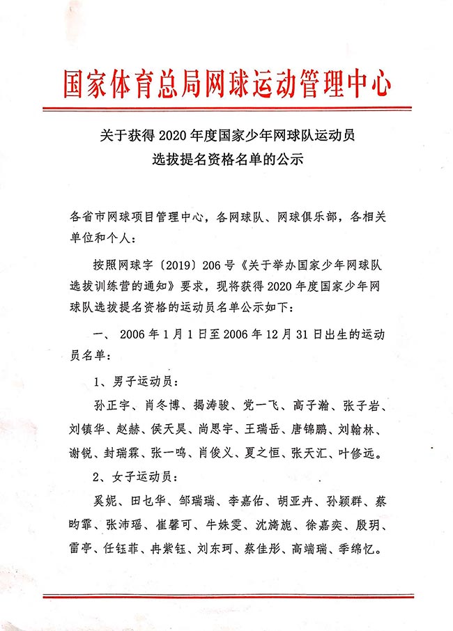 關(guān)于獲得2020年度國家少年網(wǎng)球隊運動員選拔提名資格名單的公示