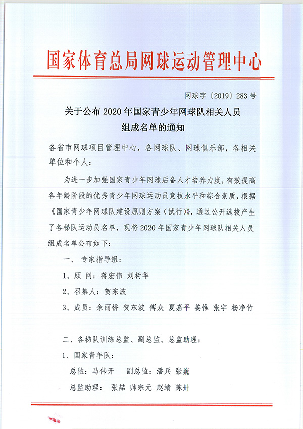 關(guān)于公布2020年國(guó)家青少年網(wǎng)球隊(duì)相關(guān)人員組成名單的通知